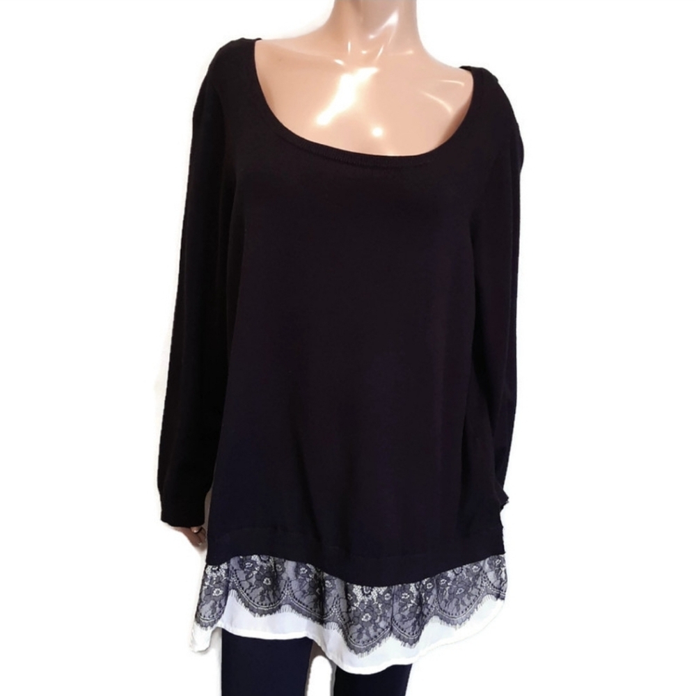 MICHEL STUDIO Lace Hem Sweater Layer Tunic Black White 3X